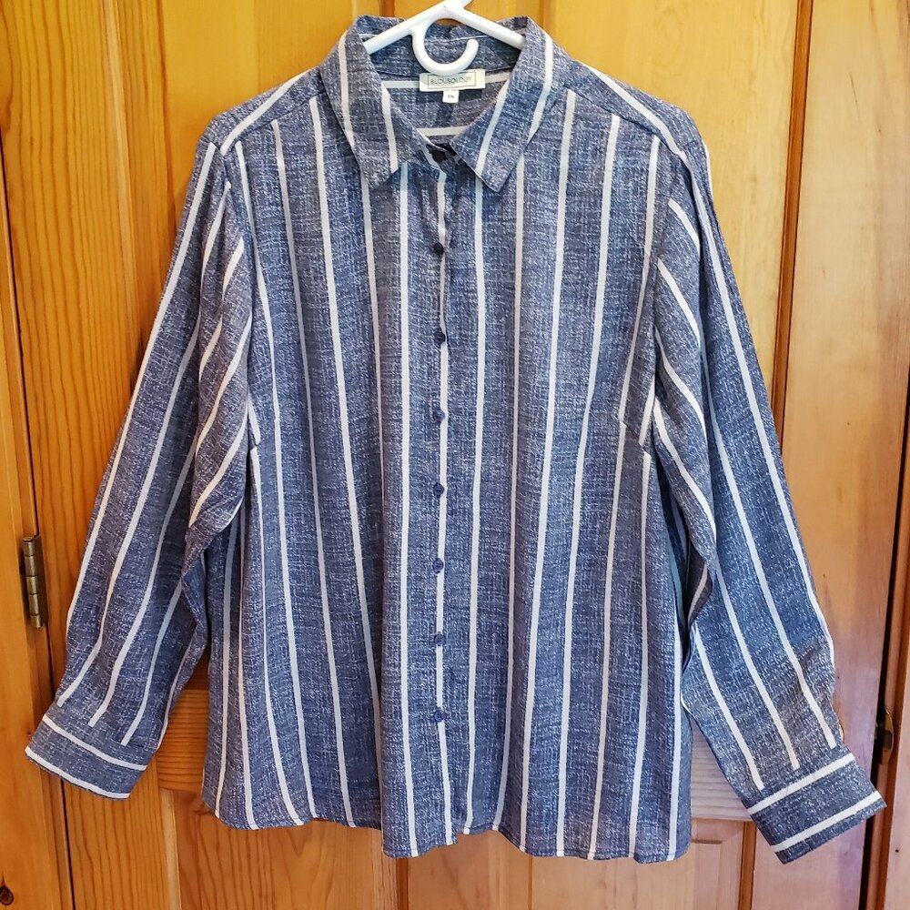 Blousology Women's Blue and White Stripe Long Sleeve Summer Shirt/Top; Size: 1X
